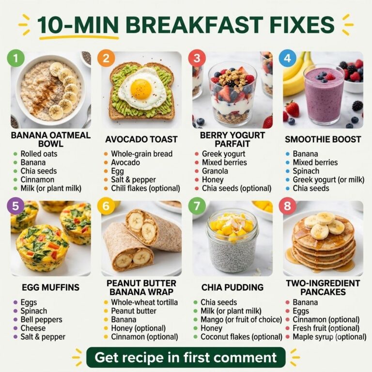 A flat lay of various quick and healthy breakfast options like overnight oats a colorful smoothie avocado toast and a yo
