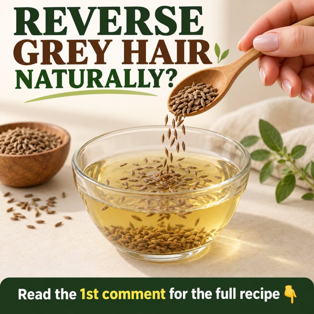 A woman in her 40s with a few grey hairs examining her hair in a mirror with a small bowl of cumin seeds in the foregrou