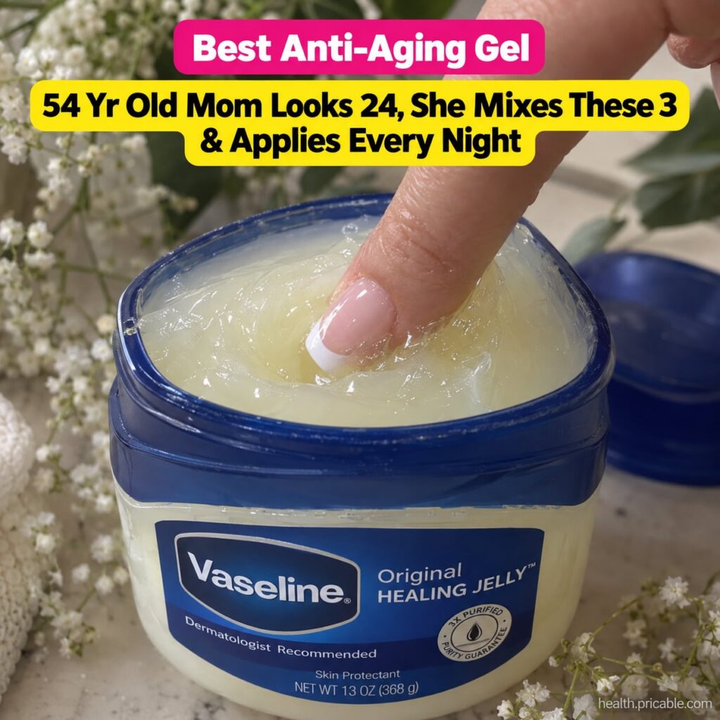 A woman gently applying a homemade Vaseline and baby oil balm to her face with a subtle glow on her skin