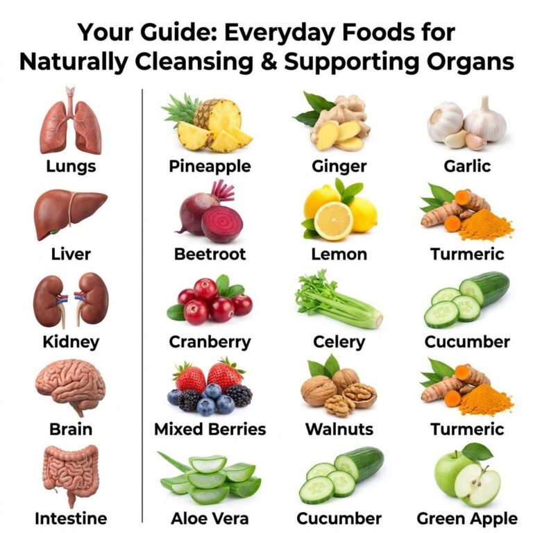 A beautiful overhead shot of various fresh colorful whole foods known for their cleansing and organ-supporting propertie