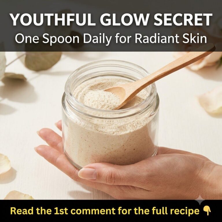 A woman smiling and confidently showing off her radiant natural skin perhaps holding a spoon with collagen powder or a g