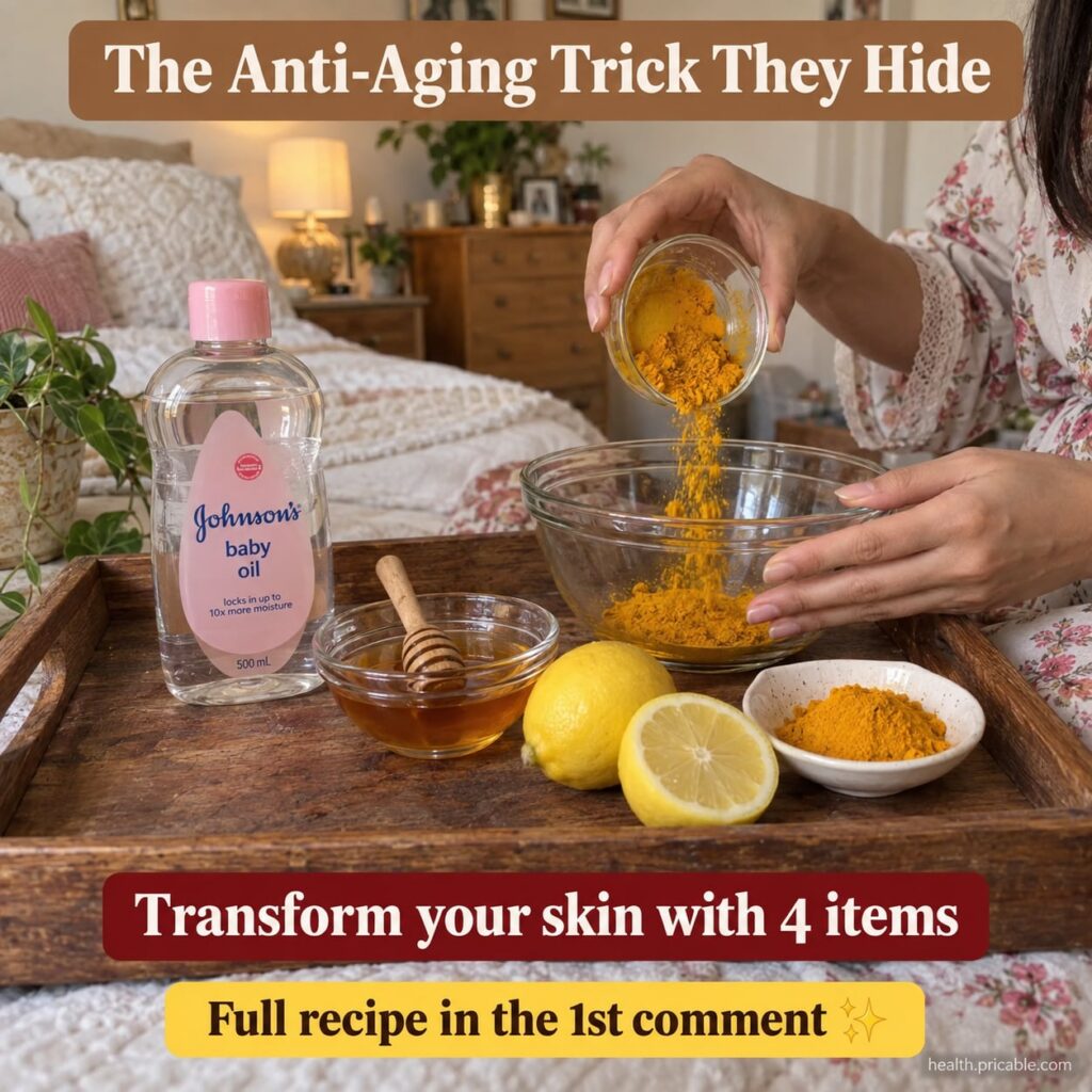 Ingredients for a DIY skin blend a bottle of Johnson s baby oil a bowl of turmeric powder a jar of honey and fresh lemon