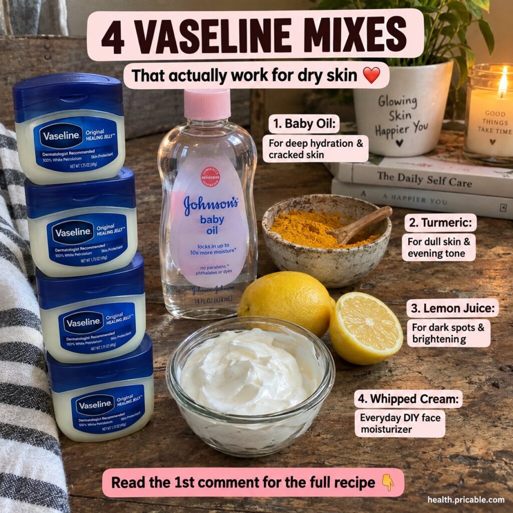 A hand mixing Vaseline with a few drops of baby oil in a small glass jar emphasizing a hydrating blend