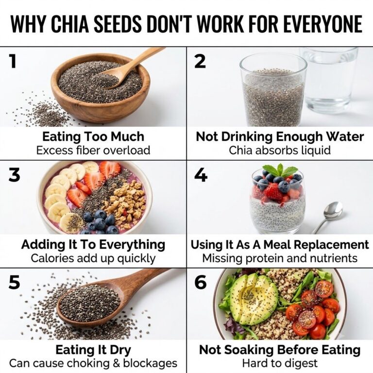 A person looking confused or frustrated while holding a small bowl of chia seeds illustrating common preparation mistake