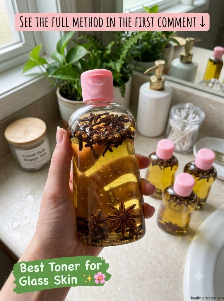 A small glass bottle filled with golden clove-infused baby oil with whole cloves scattered around it on a clean white su