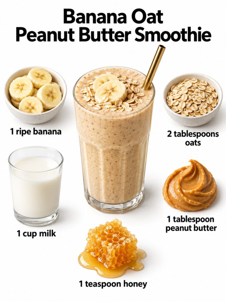 A delicious and healthy banana oat peanut butter smoothie in a tall glass garnished with a banana slice and a sprinkle o