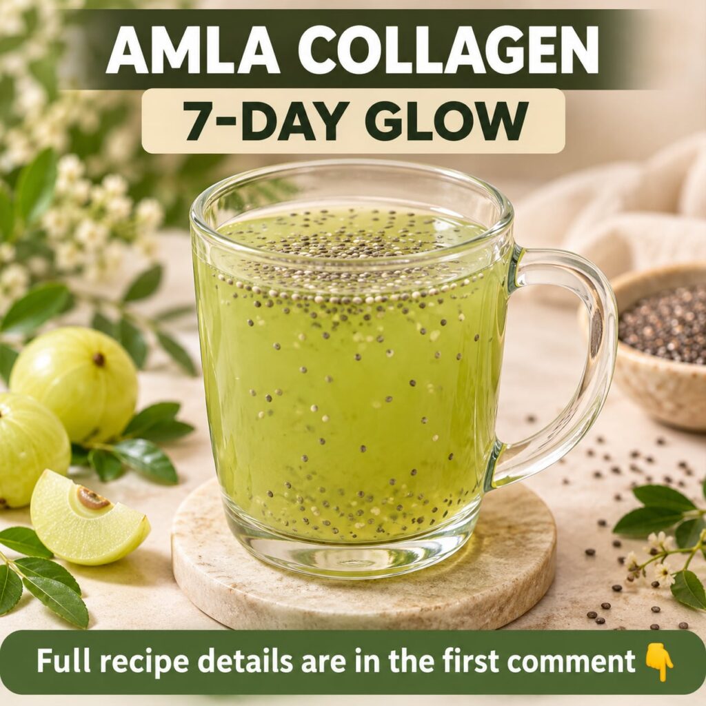 A refreshing glass of Amla and collagen drink garnished with fresh Amla berries and a sprig of mint against a soft natur