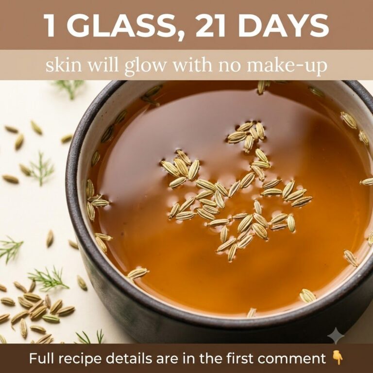 A glass of amber-colored fennel seed drink with whole fennel seeds at the bottom placed on a rustic wooden table with a