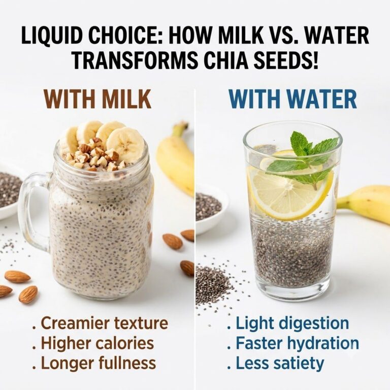 A side-by-side comparison of two clear bowls one containing chia seeds soaked in milk creamy opaque and the other contai