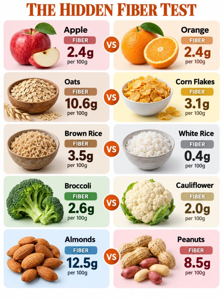 An infographic-style image comparing the fiber content of different common foods like oats vs corn flakes and brown rice