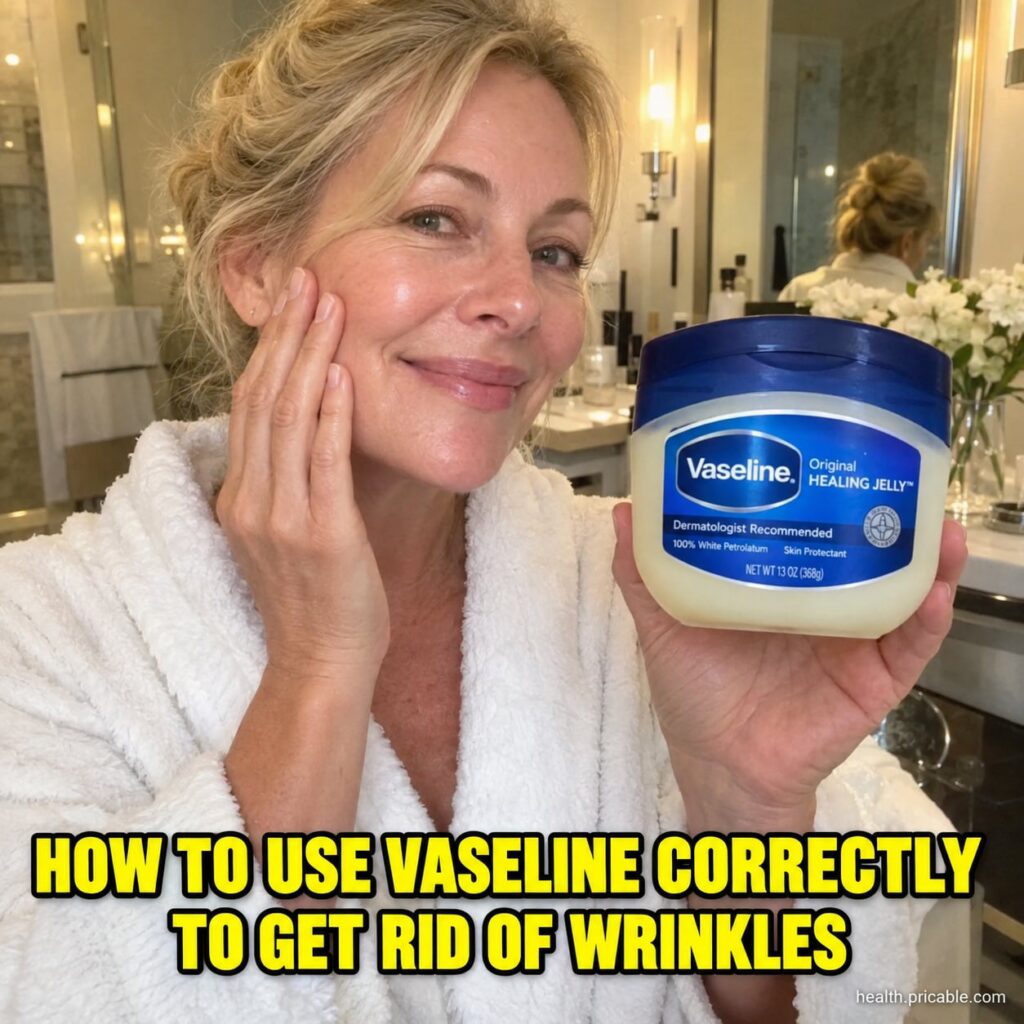 A woman gently applying a small amount of petroleum jelly to her clean face focusing on areas prone to fine lines with a