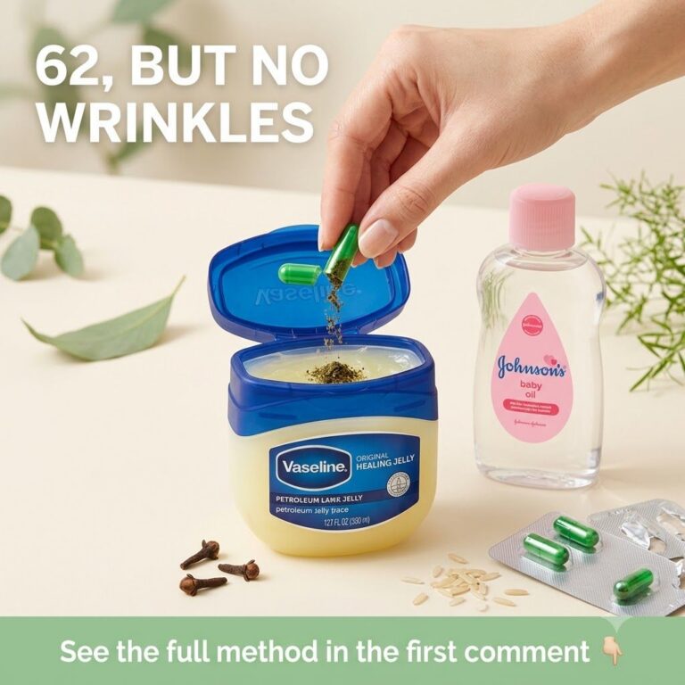 Three small containers or jars one filled with Vaseline another with baby oil and a small pile of green vitamin E capsul