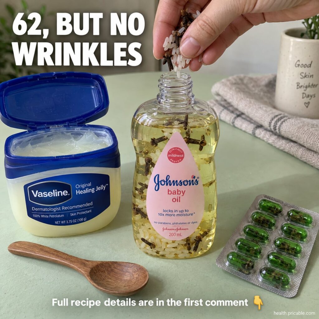 A close-up of the ingredients baby oil dried cloves rice grains a small jar of Vaseline and beauty capsules laid out on