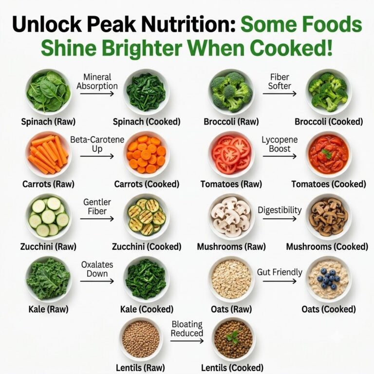 An infographic showing several foods like tomatoes carrots and spinach with arrows indicating how cooking e g steaming r