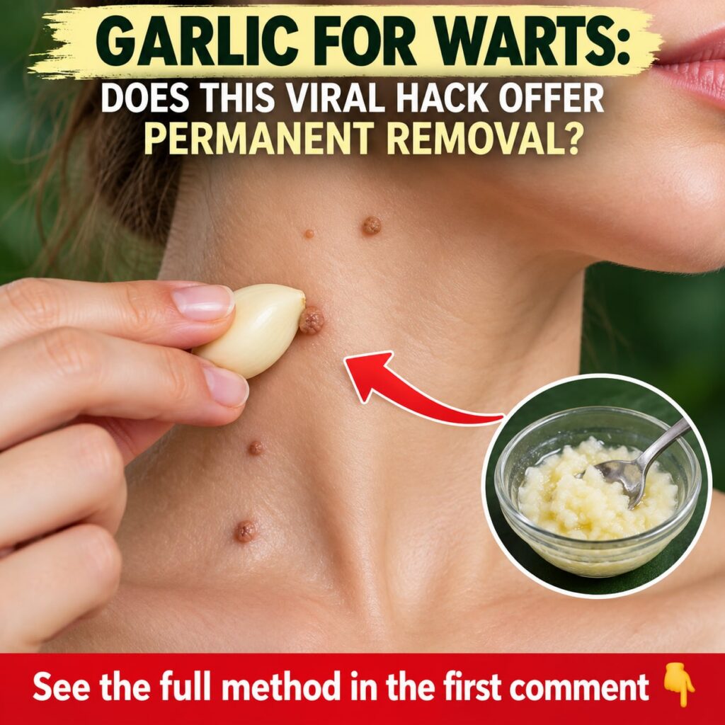 A close-up shot of a small wart on a finger with a piece of fresh garlic clove placed gently over it suggesting a DIY re