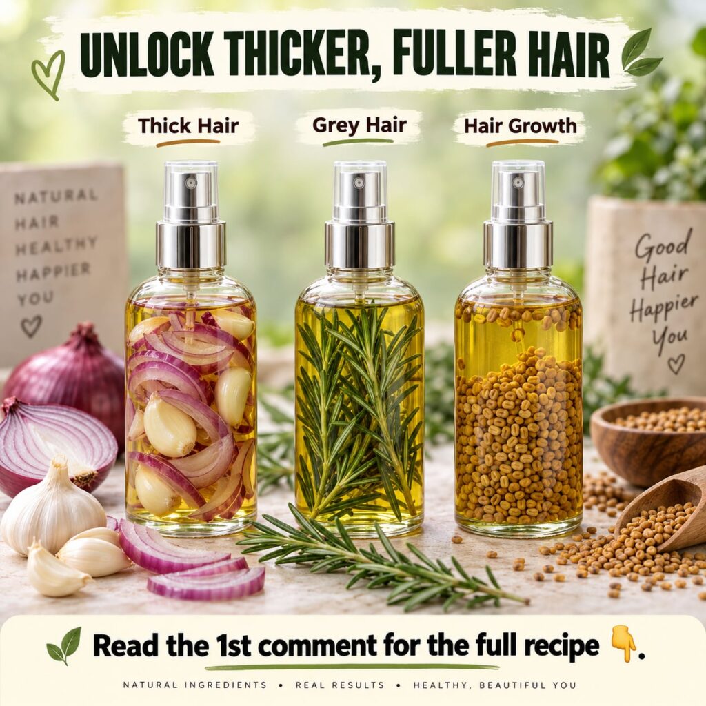 A close-up of a homemade hair growth oil in a small amber glass bottle with fresh rosemary sprigs red onion slices and f