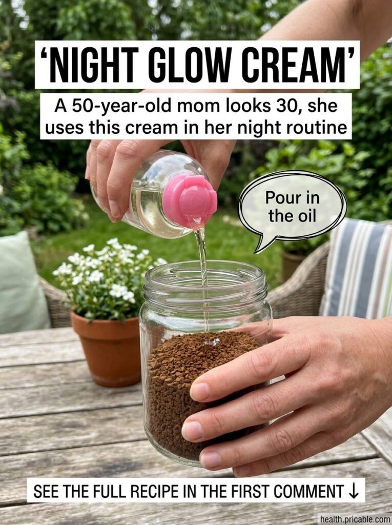Ingredients for coffee and baby oil night glow cream a small bowl of ground coffee and a bottle of baby oil on a clean s