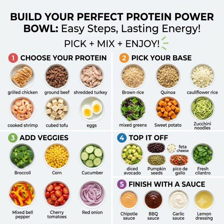 A vibrant and colorful protein power bowl seen from above filled with various ingredients like quinoa grilled chicken ro