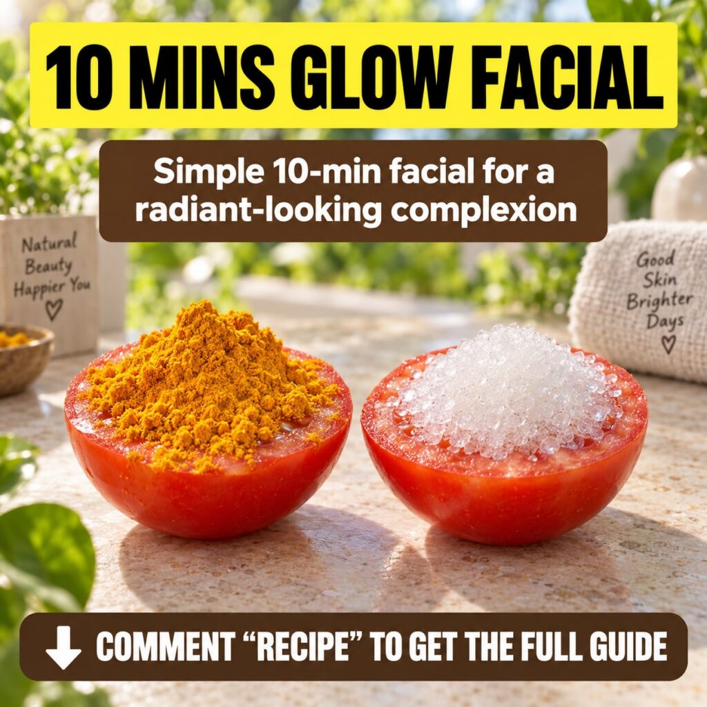 Two halved red tomatoes one topped with turmeric powder and the other with a white granular exfoliant on a light counter