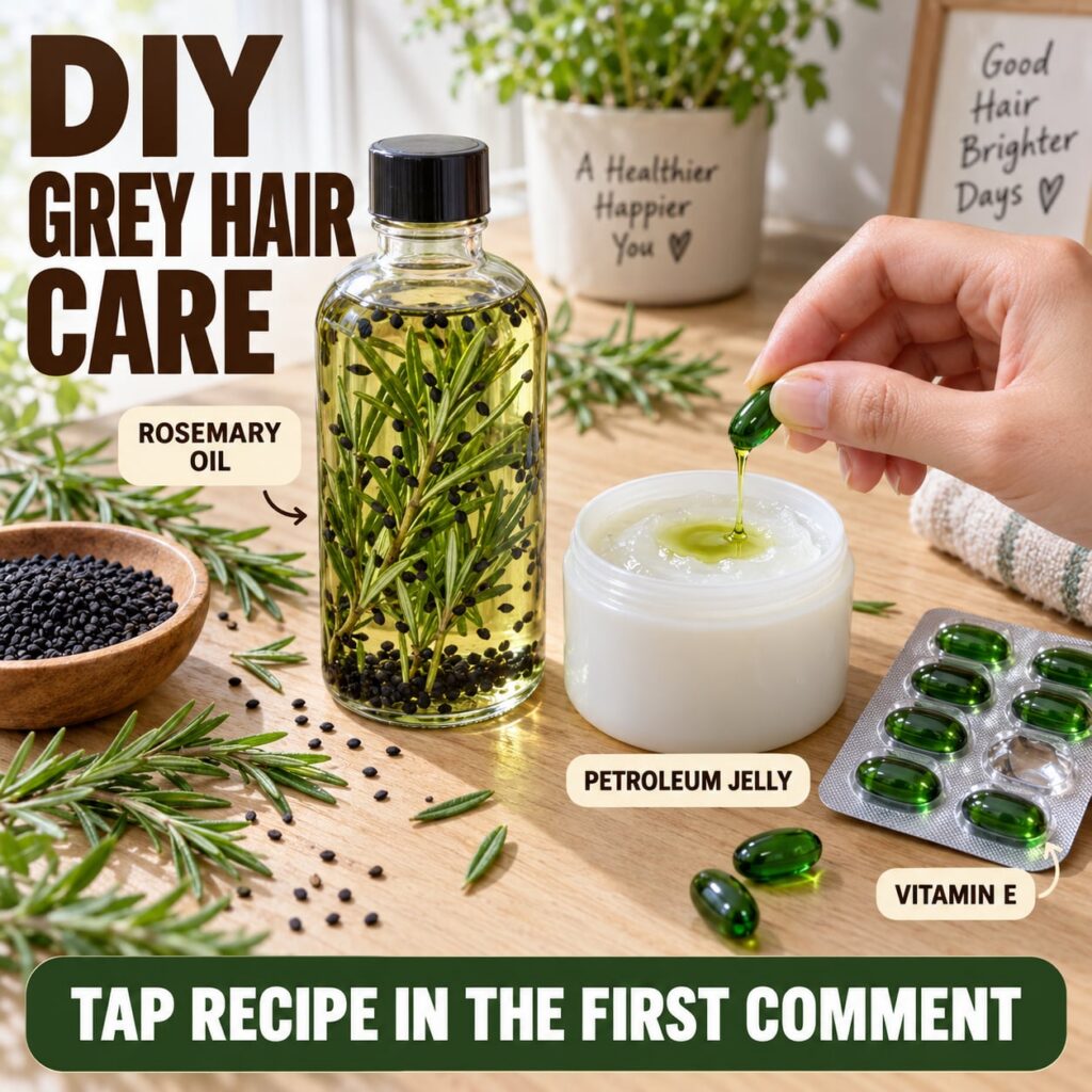A bright flat lay of ingredients for DIY grey hair care featuring a bottle of rosemary oil with black seeds a jar of pet