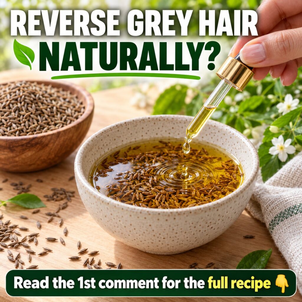 A close-up naturally lit flat lay of cumin seeds and black seed oil in bowls with a hand holding a dropper adding oil ag