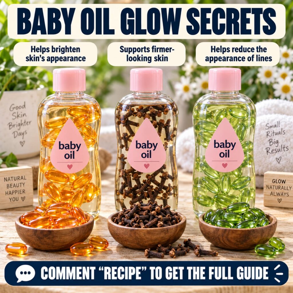 A collection of baby oil bottles infused with natural ingredients like cloves and capsules arranged on a rustic wooden s