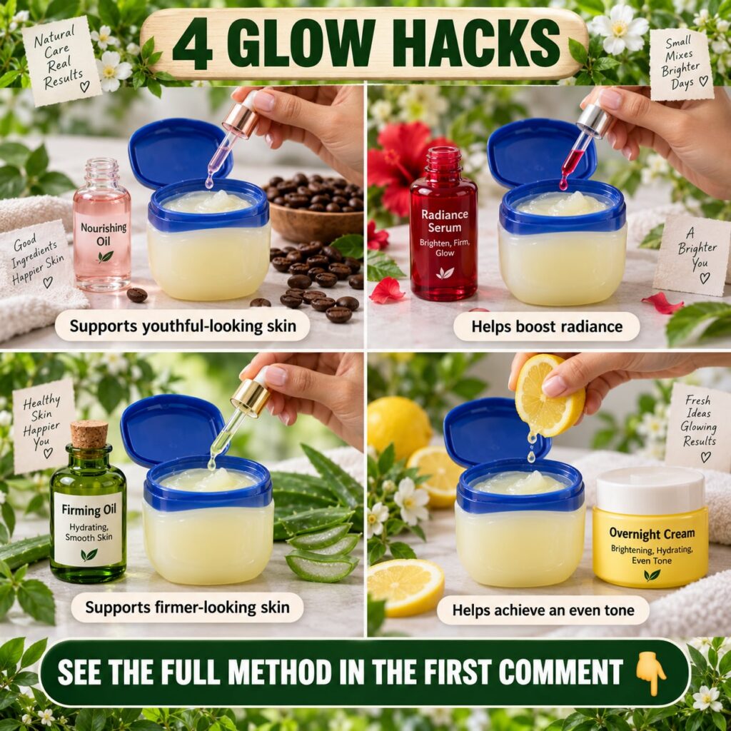 A vibrant collage showing four Vaseline beauty hacks with a central Vaseline jar and natural ingredients like oils serum