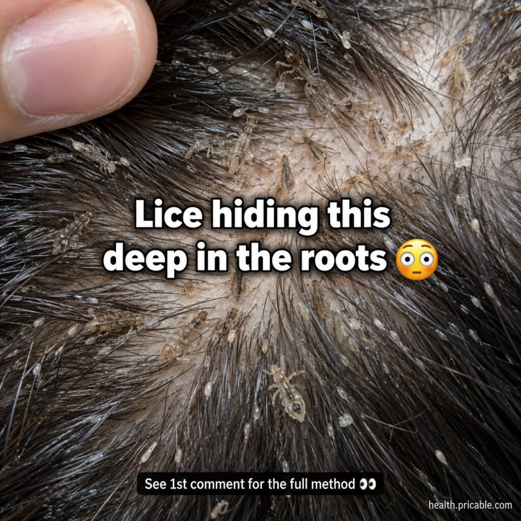 A person using a specialized metal lice comb to comb through sections of hair with hair clips holding other sections bac