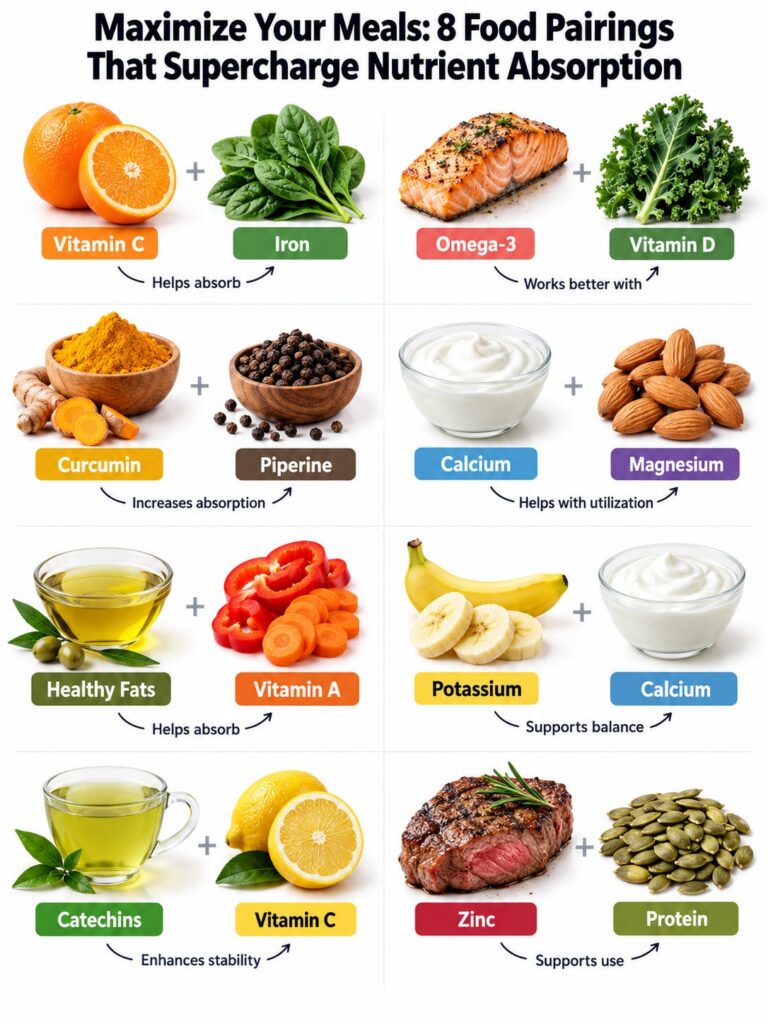 A vibrant flat lay of various healthy foods representing synergistic pairings like spinach and orange turmeric and black
