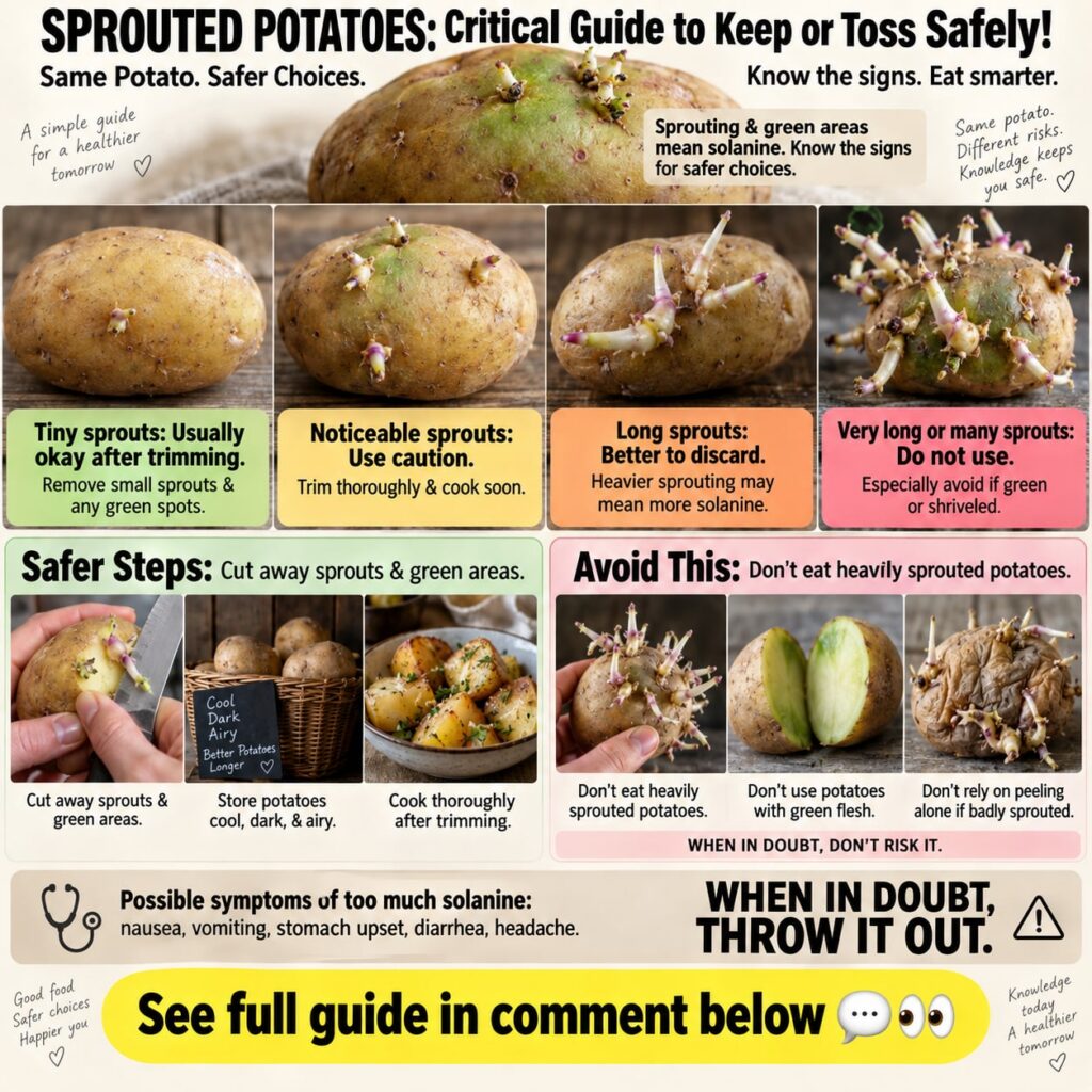 Close-up of sprouted potatoes some with small green sprouts and firm skin others with larger sprouts green skin and soft