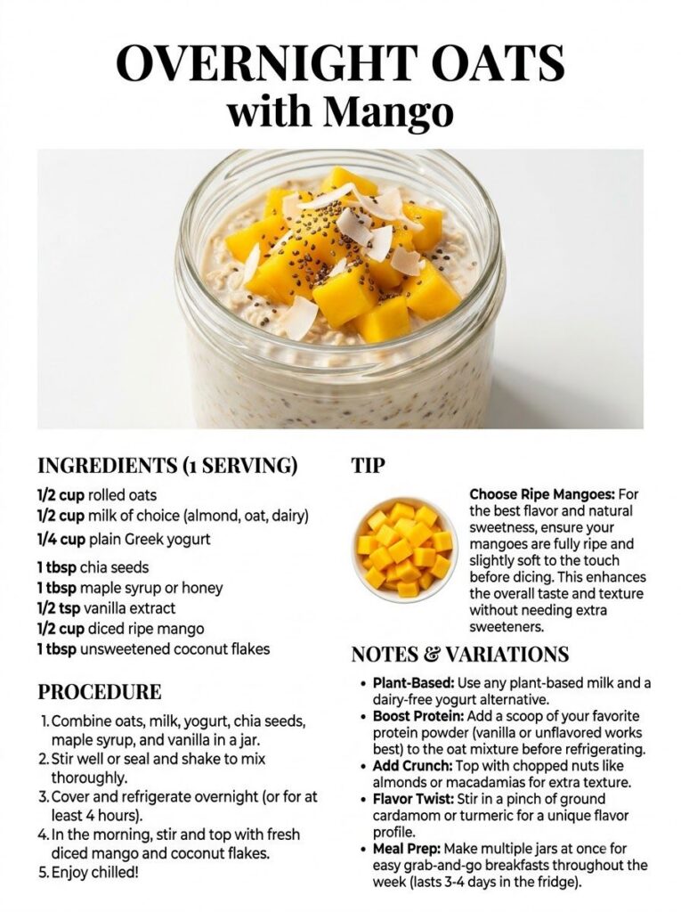 A beautiful jar of creamy mango overnight oats topped with fresh mango cubes and a sprig of mint ready to eat