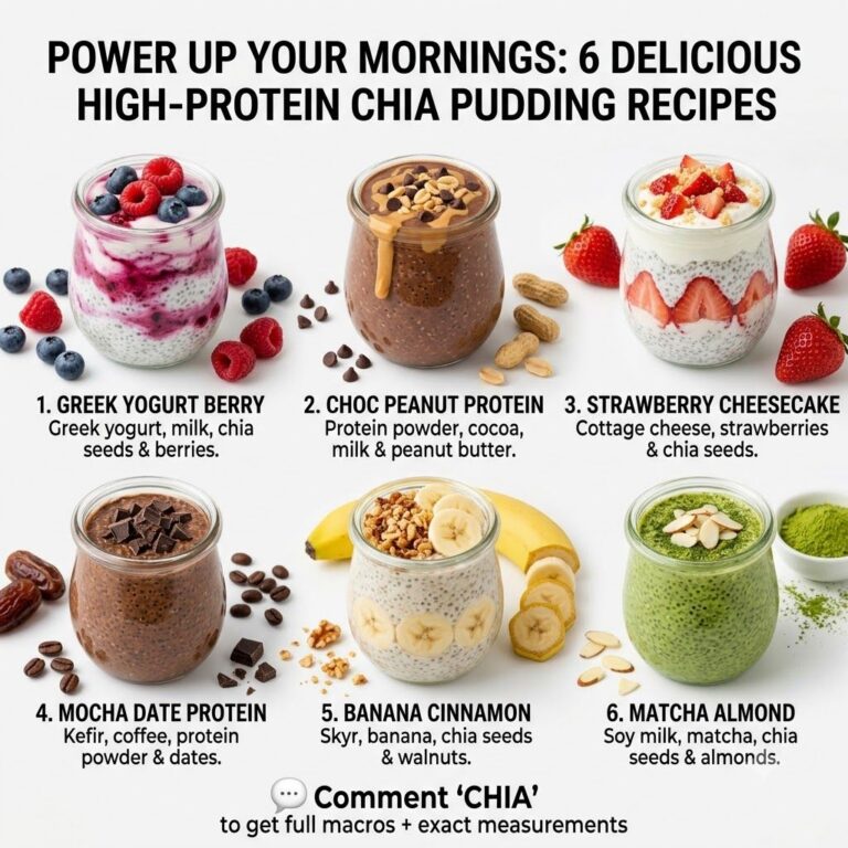 Three attractive different flavored chia puddings in small glass jars garnished with fresh berries sliced banana and nut
