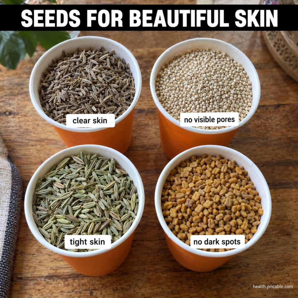 A collection of various beauty seeds like cumin quinoa fennel and fenugreek in small bowls on a wooden surface ready to