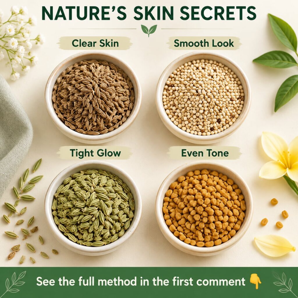 A beautiful flat lay of various small everyday seeds like cumin quinoa fennel and fenugreek artfully arranged on a rusti