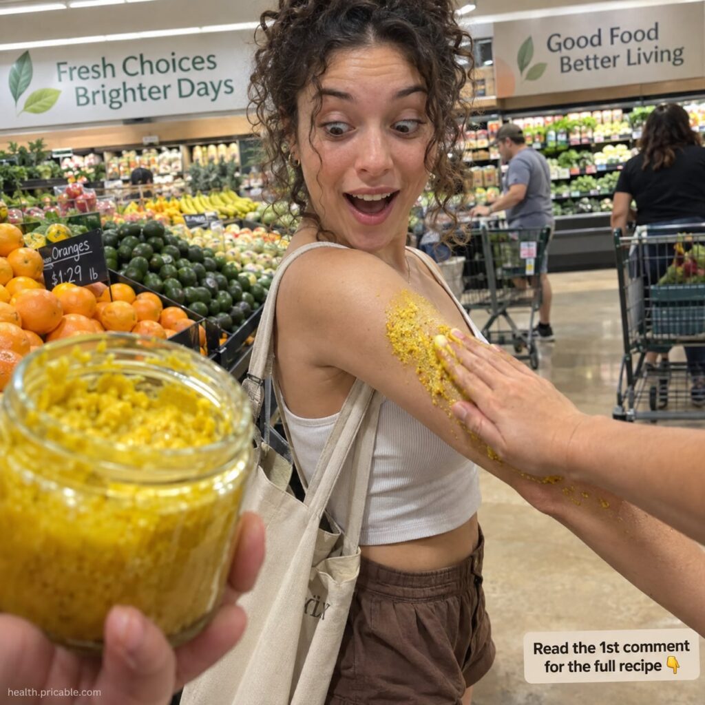 A woman smiling and holding fresh fruit and honey looking radiant as if she just used a homemade beauty treatment