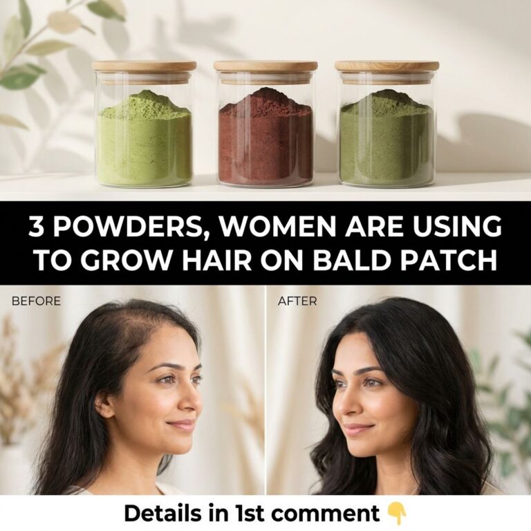 Three small bowls or piles of distinct powders fenugreek amla bhringraj on a rustic wooden surface with a leafy green pl