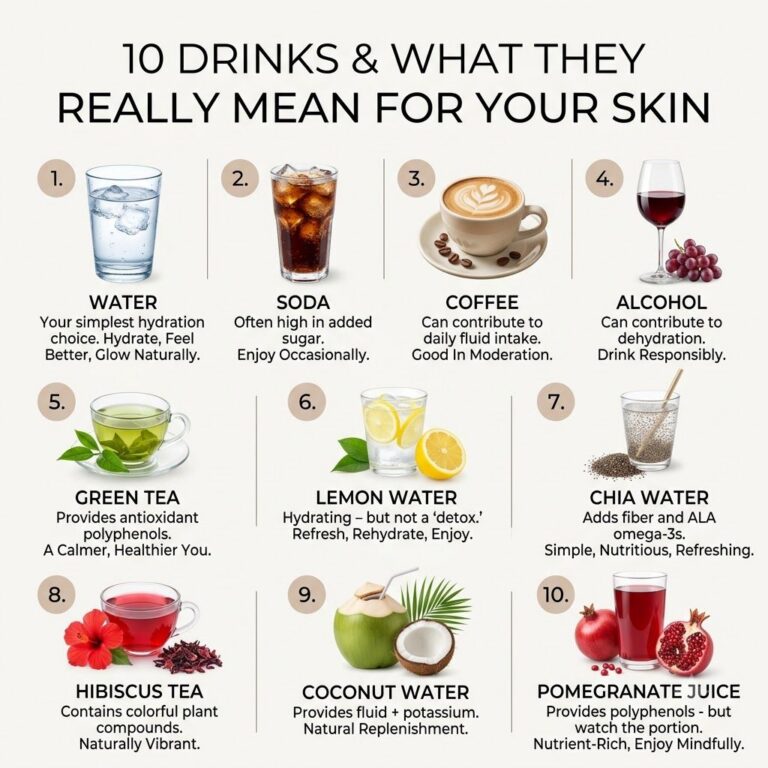 An infographic showing 10 different common drinks with icons and short descriptions of their impact on skin health prese