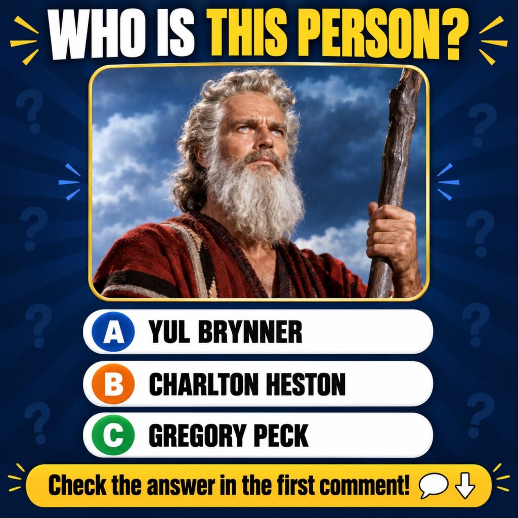 A quiz image showing Charlton Heston as Moses from The Ten Commandments with multiple choice options