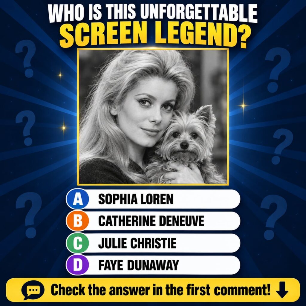 Black and white portrait of Catherine Deneuve elegantly holding a small Yorkshire Terrier dog framed by a bright yellow 