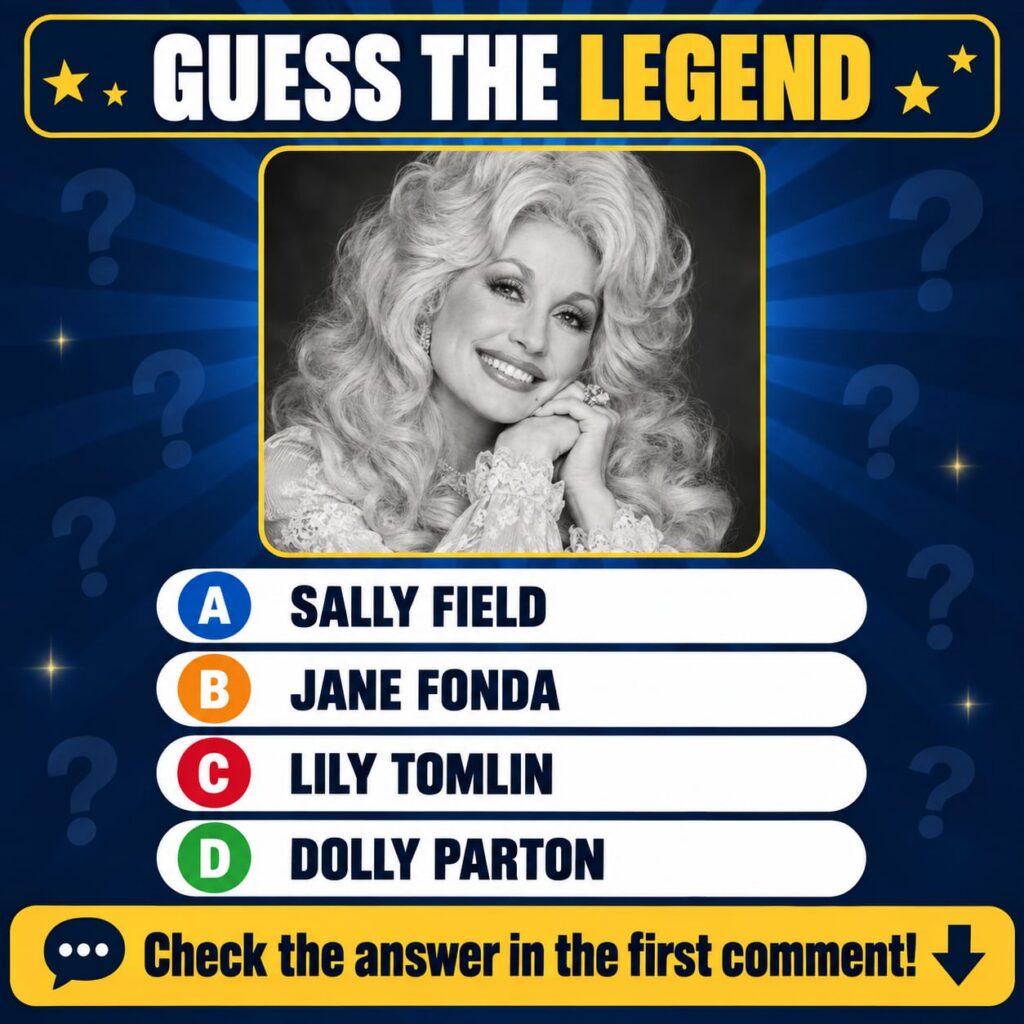 Dolly Parton in a black and white portrait part of a multiple-choice quiz