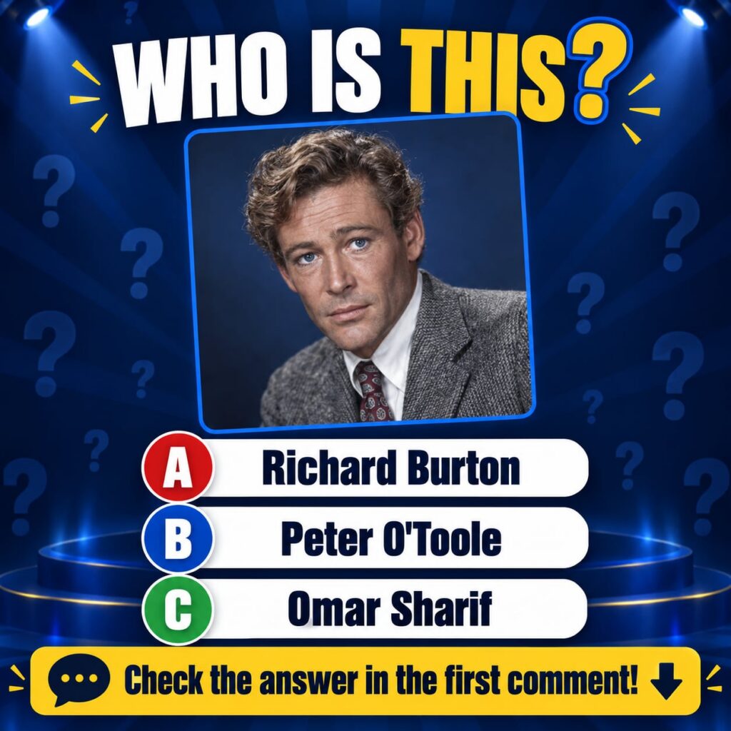 A quiz graphic featuring a portrait of Peter O Toole with the question WHO IS THIS and multiple-choice options