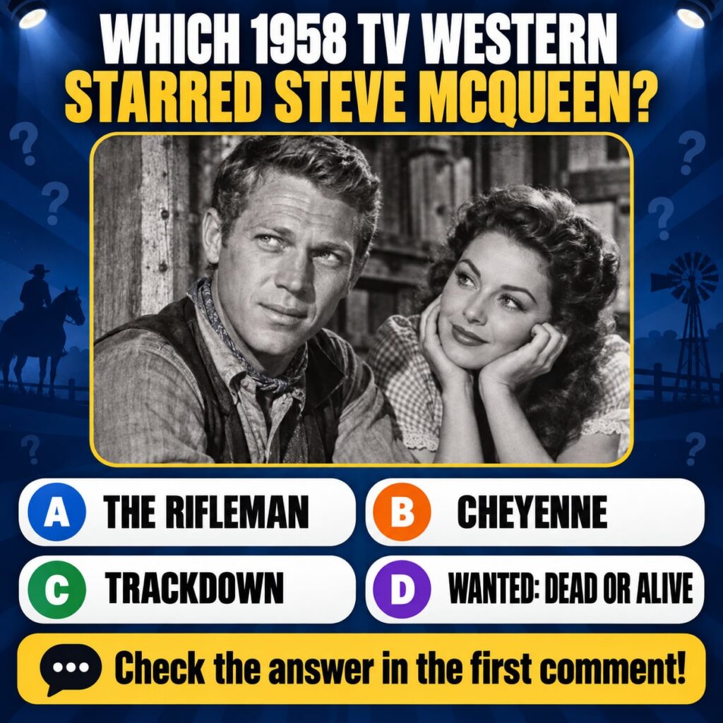 A black and white photo of a young Steve McQueen looking thoughtful with a woman beside him set against a classic Wester