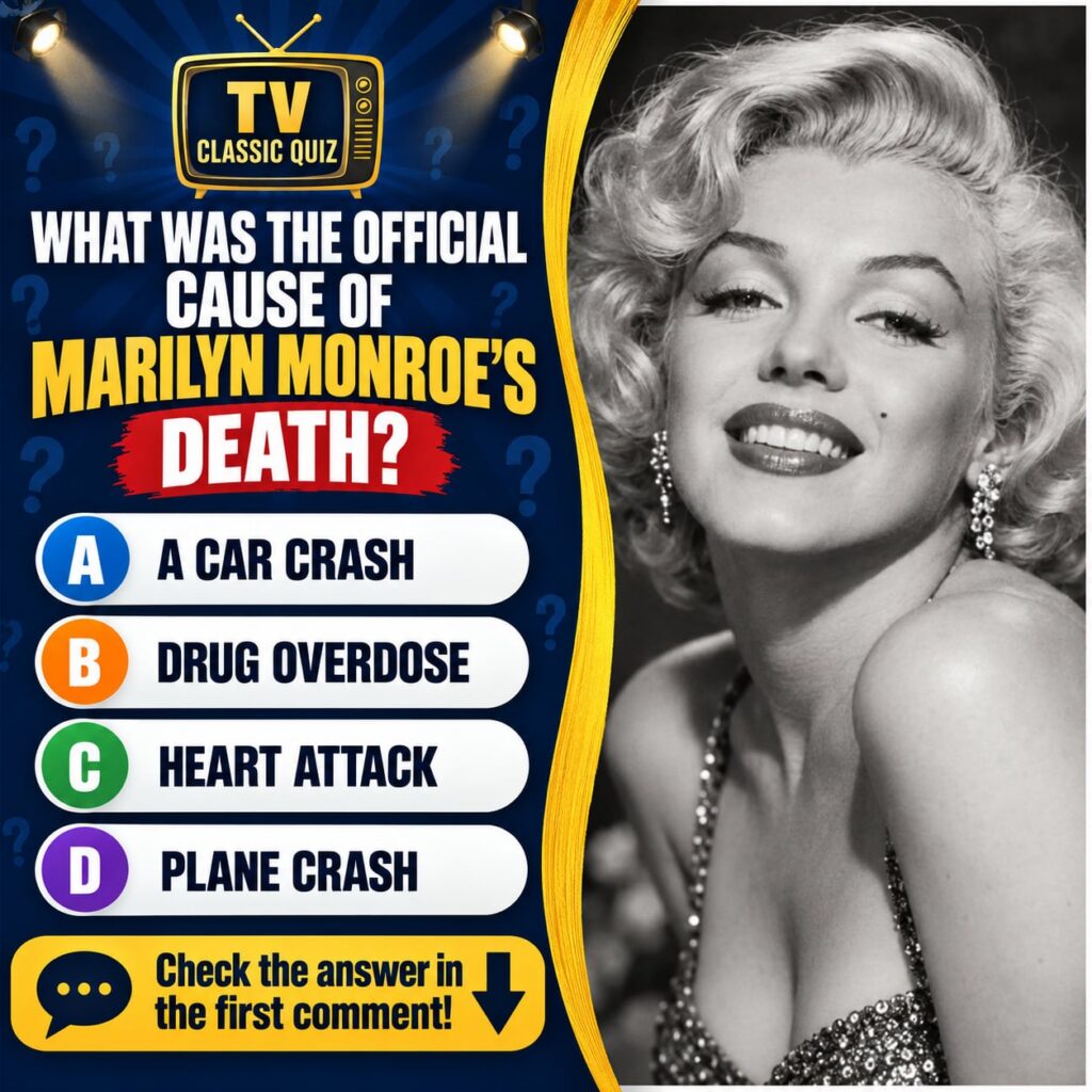 Quiz graphic showing Marilyn Monroe s portrait and multiple choice question about her death cause