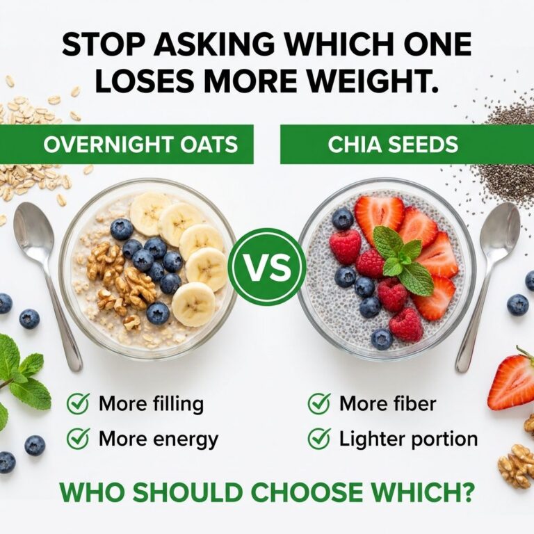 A bowl of overnight oats with berries and nuts next to a small bowl of chia seed pudding highlighting the differences an