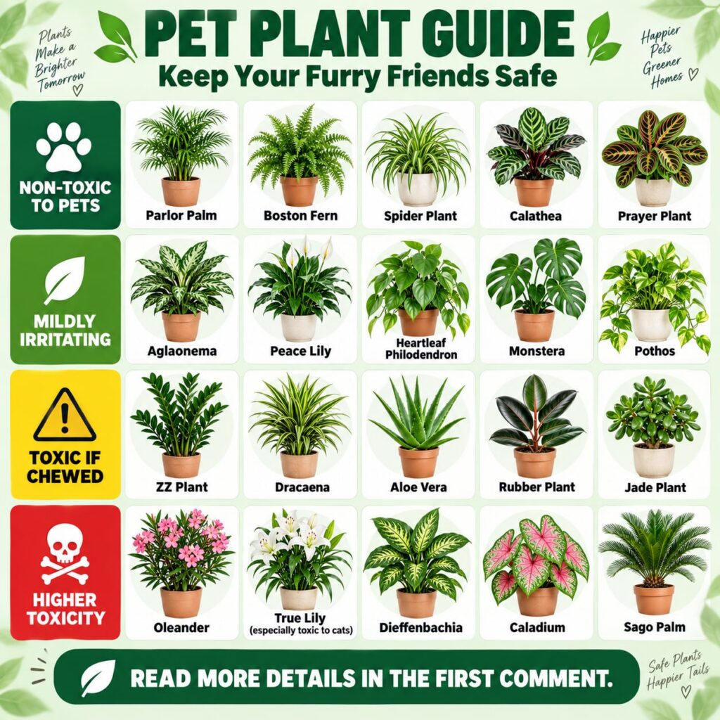 A detailed infographic titled PET PLANT GUIDE Keep Your Furry Friends Safe showing a grid of 20 common houseplants categ