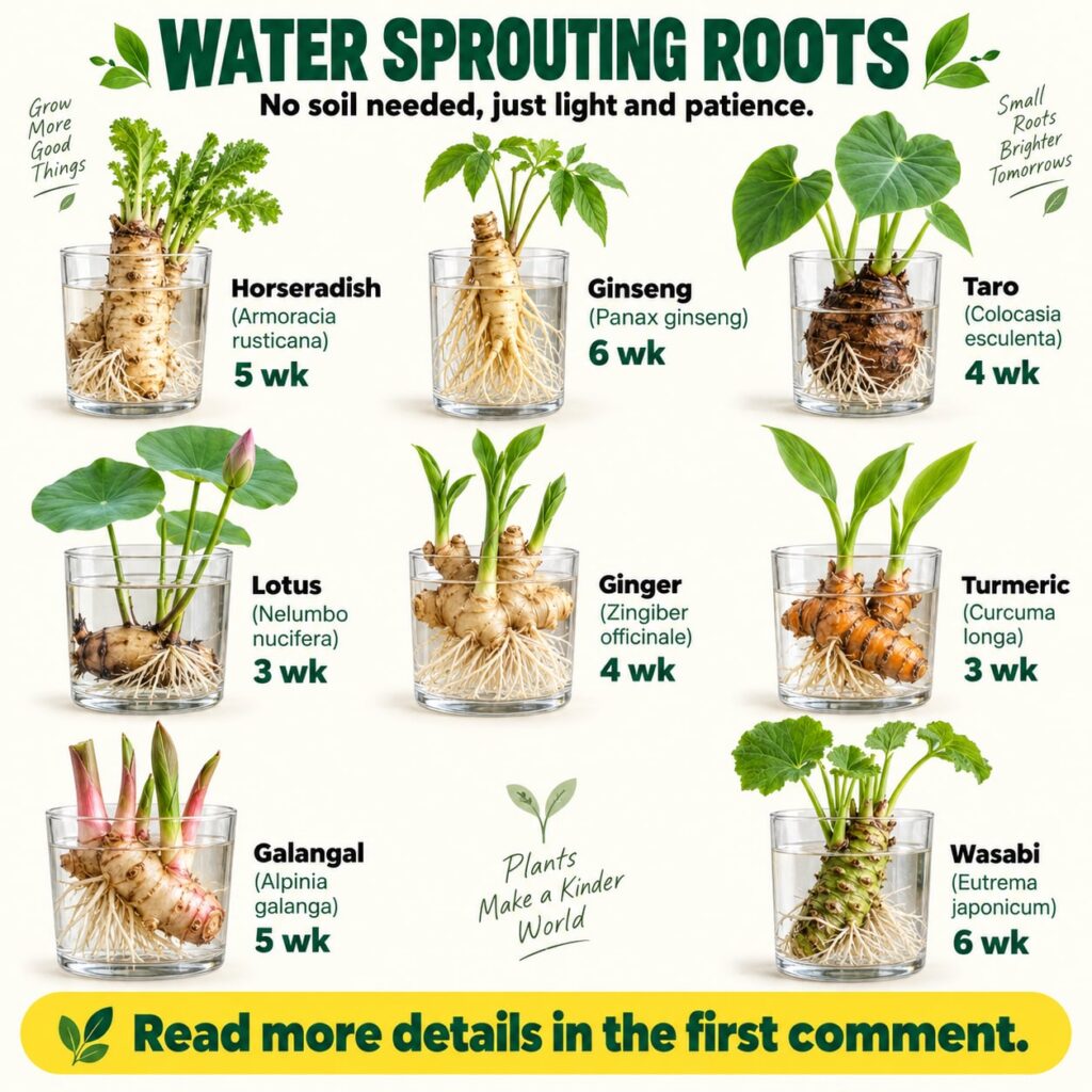 A visual guide illustrating various root vegetables and rhizomes like Horseradish Ginseng Taro Lotus Ginger Turmeric Gal