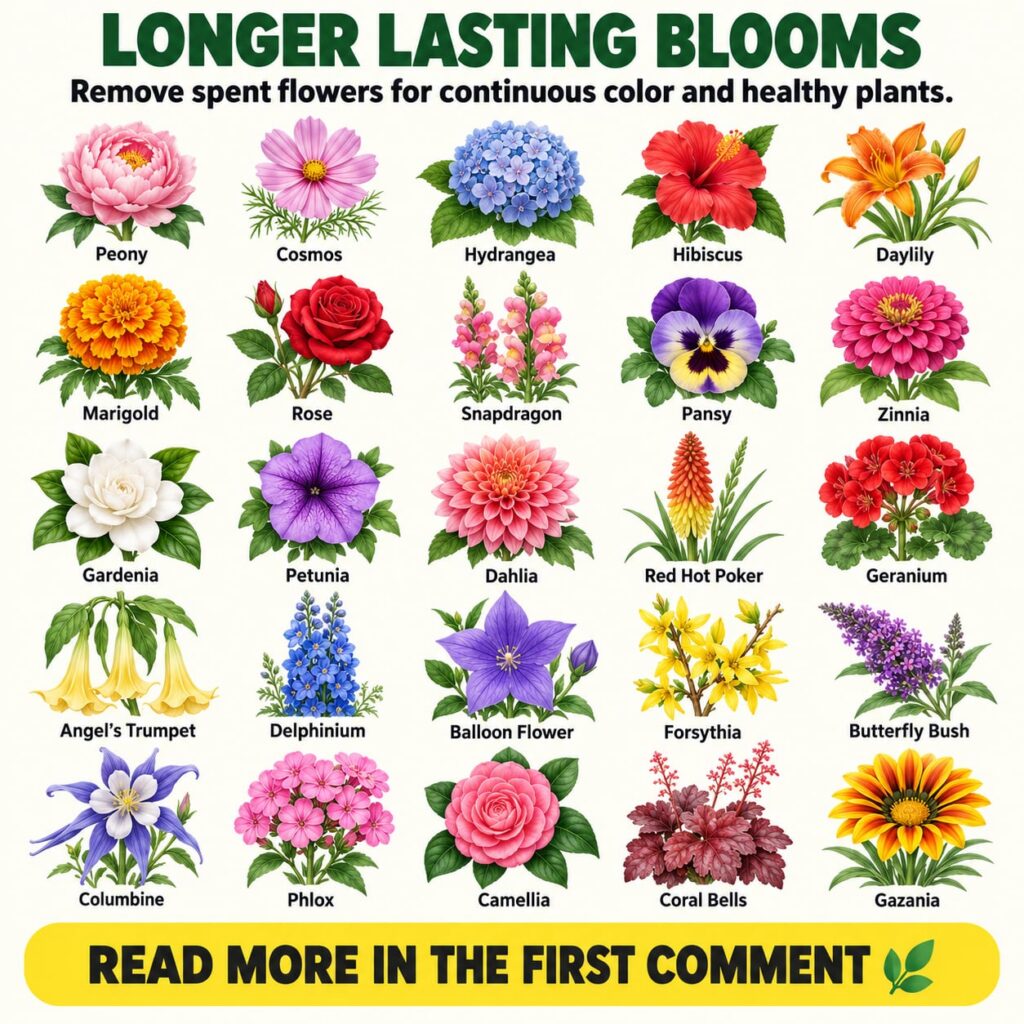 A vibrant and educational graphic showcasing various types of flowers with the prominent title LONGER LASTING BLOOMS and