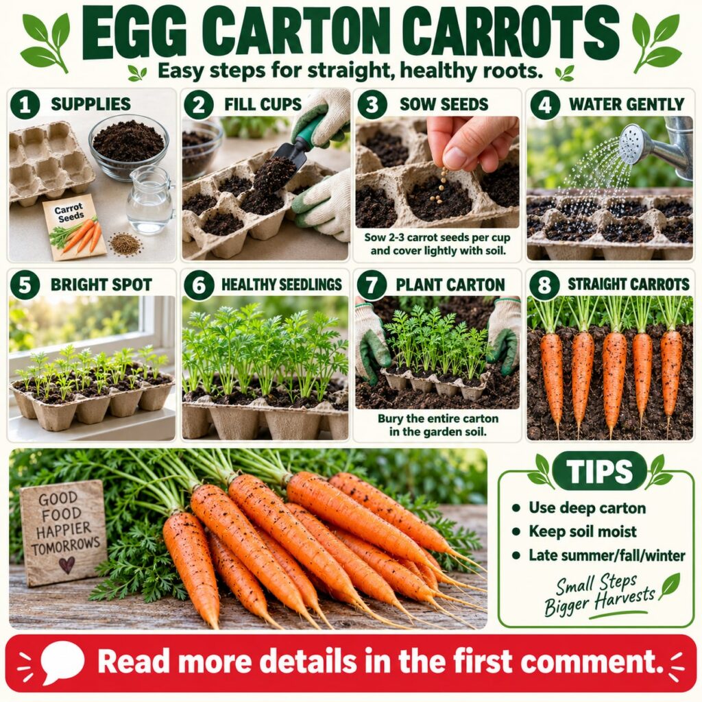 A detailed infographic providing a step-by-step guide on how to grow straight carrots using egg cartons It shows eight n