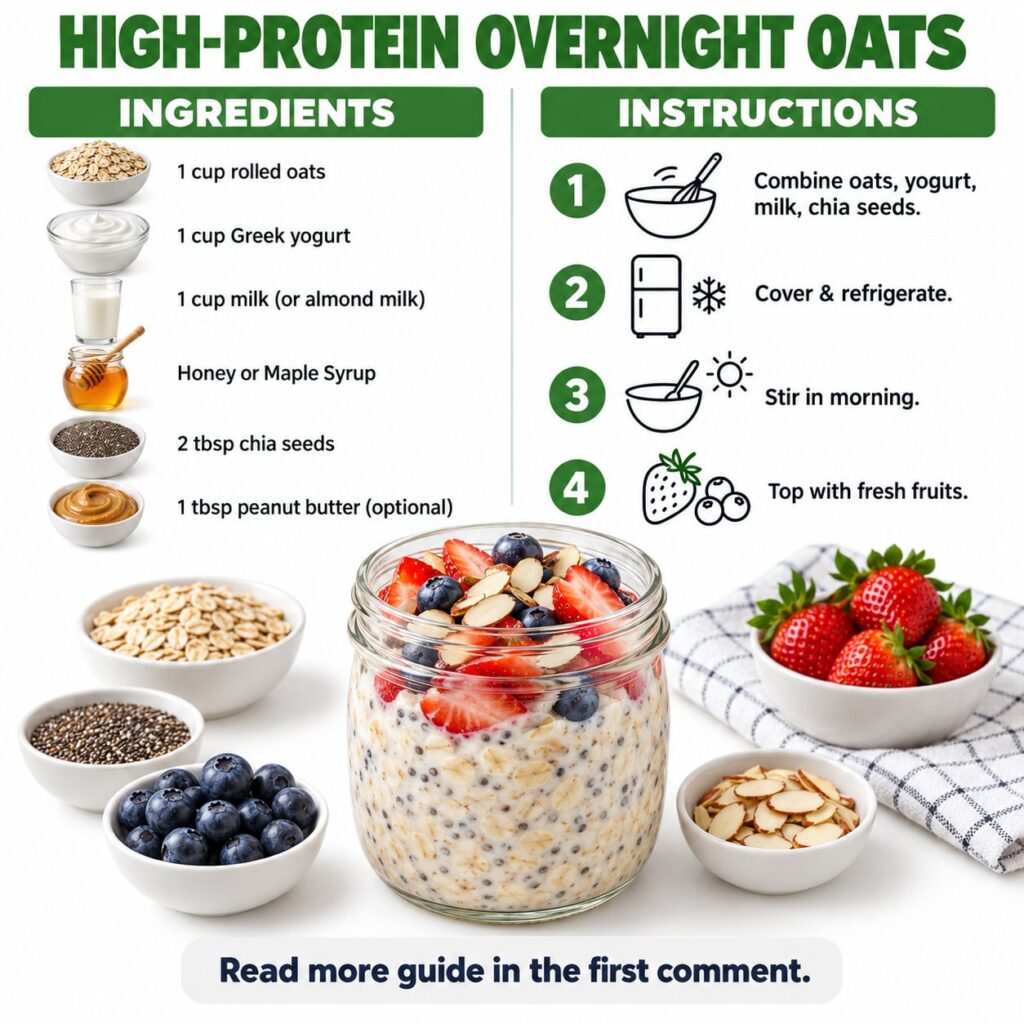 An infographic and image combination showing high-protein overnight oats ingredients and instructions with a prepared ja