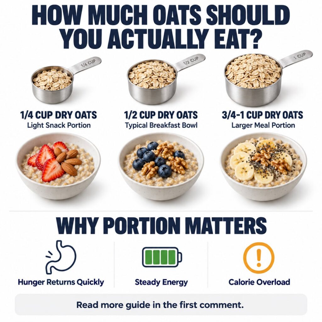 An educational infographic showing 1 4 cup 1 2 cup and 1 cup dry oat portions in measuring cups corresponding bowls of p
